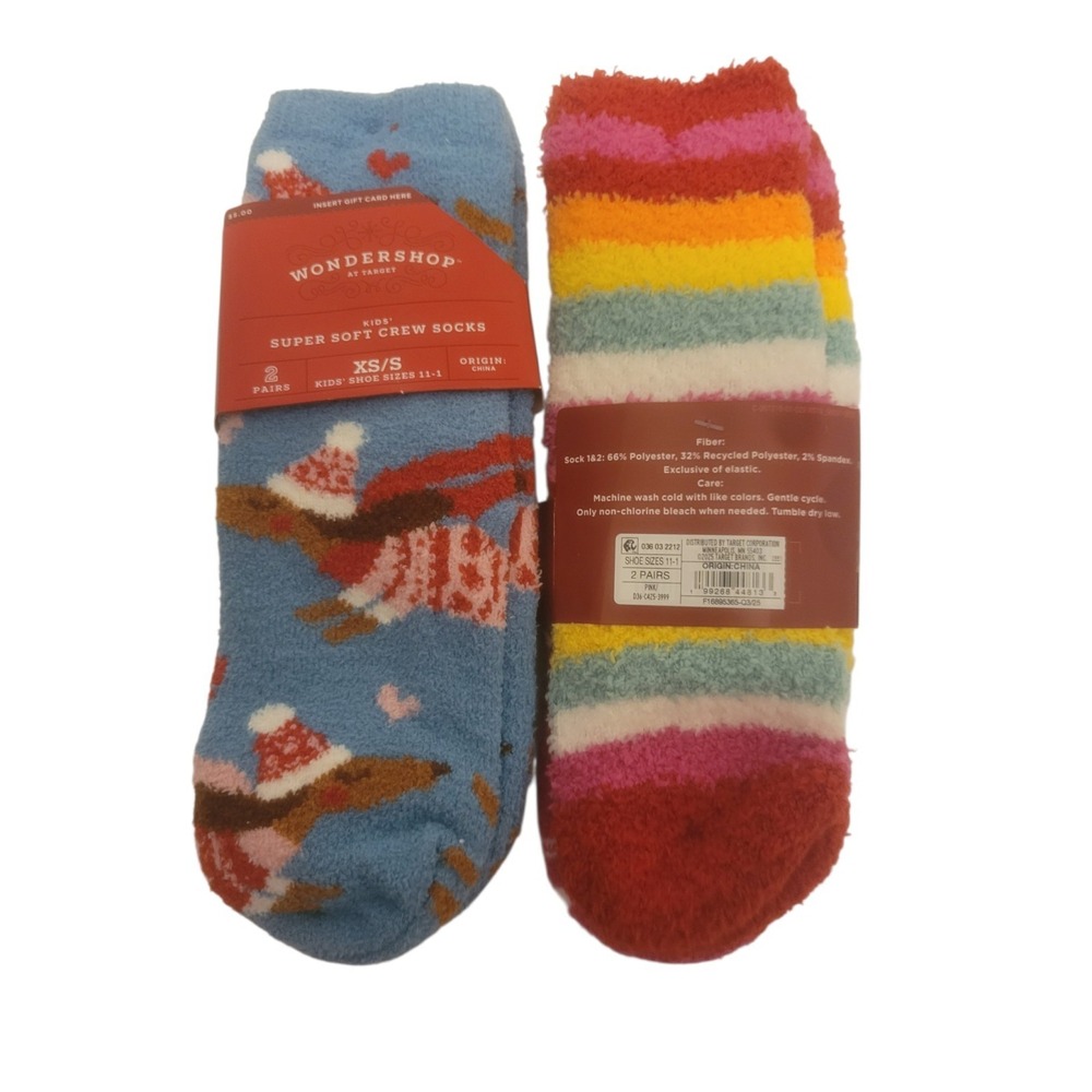 2/2-Pack Wondershop Kids Super Soft Crew‎ Socks Fits Shoe Sizes 11-1 XS-Small